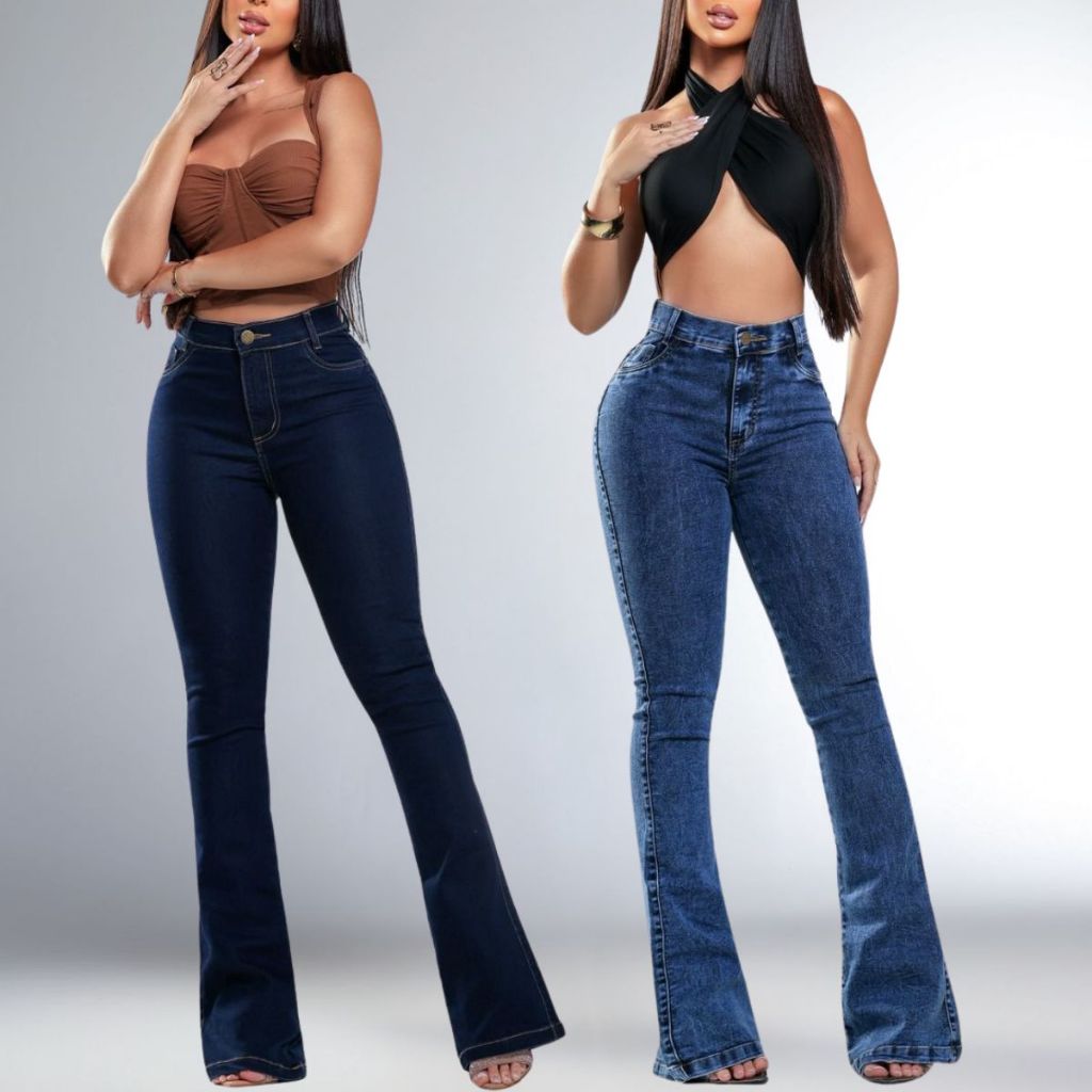 Kit 2 Calça Jeans Feminina Flare Cintura Alta Modeladora Cos Alto Empina Bumbum Feminino Elegância Conforto Boca De Sino em Oferta na Shopee