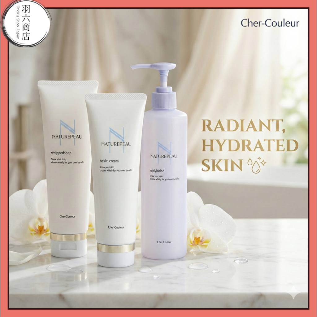 CHER-COULEUR Japanese Skincare Essentials: Marine Silt Whipped Soap & Basic Cream Cleanser, Replenishing Lotion Toner for Balanced, Radiant Skin + Multi-purpose Microfiber Cloth