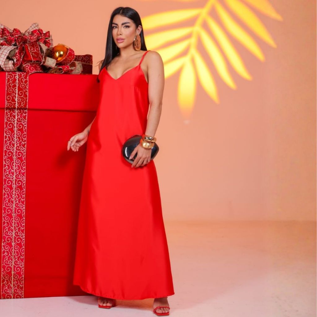 Vestido Feminino Cetim Longo Seda Elegante Semi - Brilho Evasê  Alcinhas Modelagem Justa em Oferta na Shopee