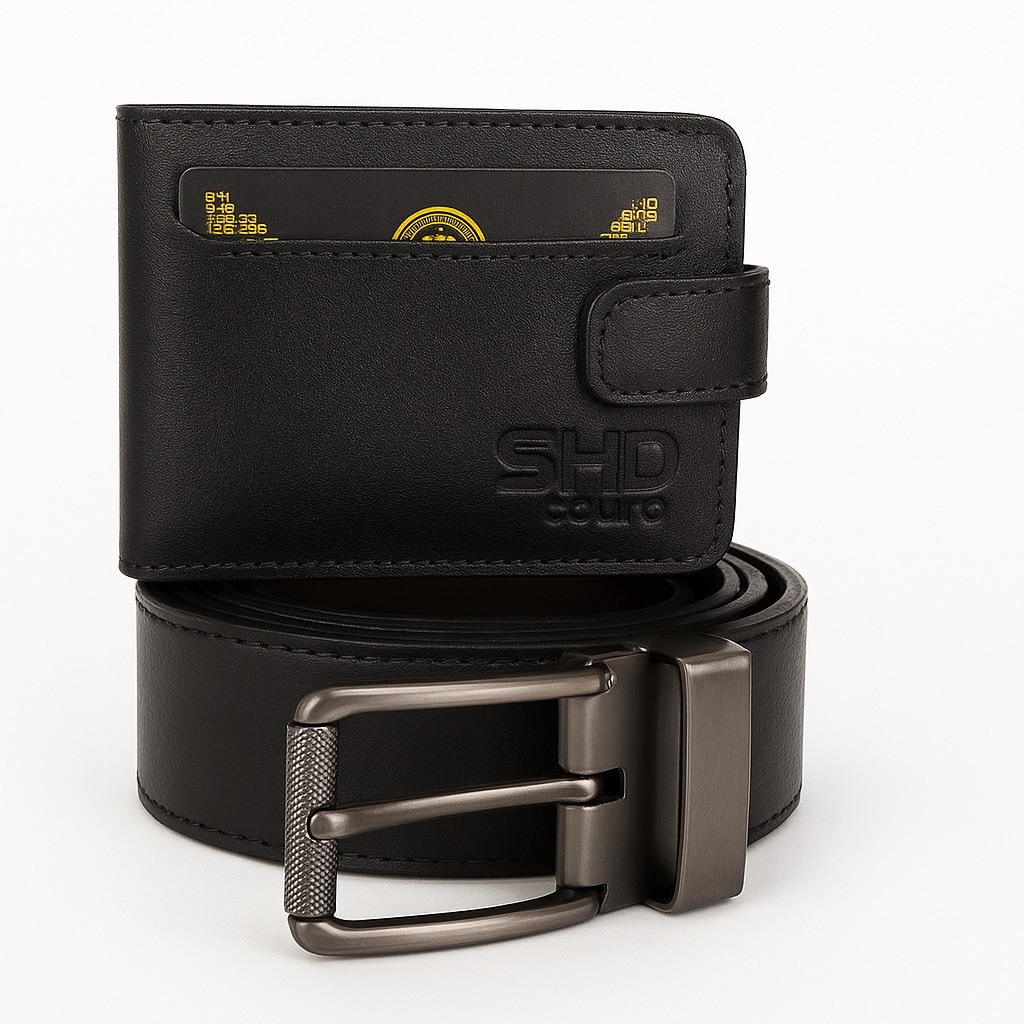 Kit Carteira Masculina Couro Original + Cinto Social Dupla Face