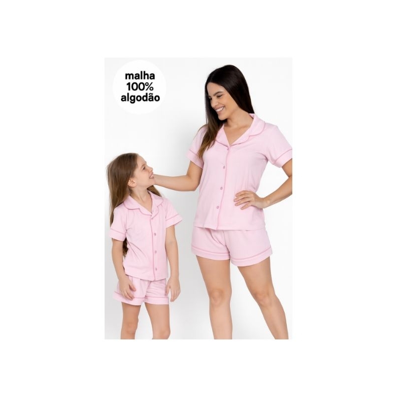 kit Pijama Americano Maternidade Mãe e filha Curto Manga Curta e Shorts Verão 100% Algodão