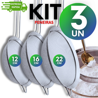 Kit 3 Peneiras Aço Inox 12/16/22cm Coador Farinha Suco Confeitaria em Oferta na Shopee