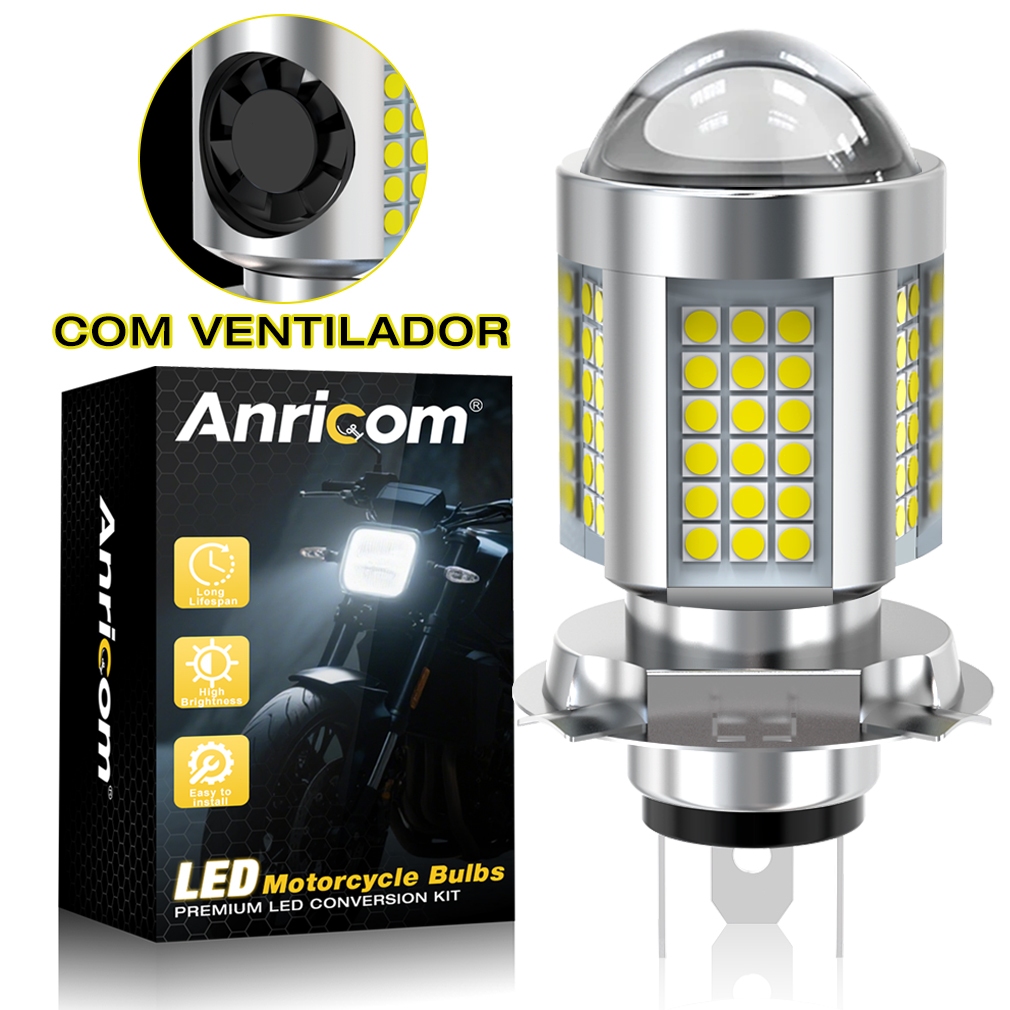 Lâmpada Super Led H4 Mini Projetor 6500K 360° Com ventilador Motos Alto Brilho 4 modos de iluminação