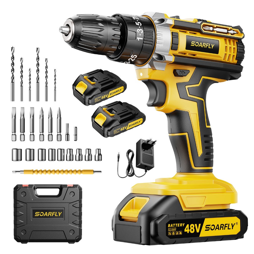 Parafusadeira Furadeira Sem Fio 48V Recarregáveis 2 Baterias Com Maleta e Acessórios 28pcs Completo