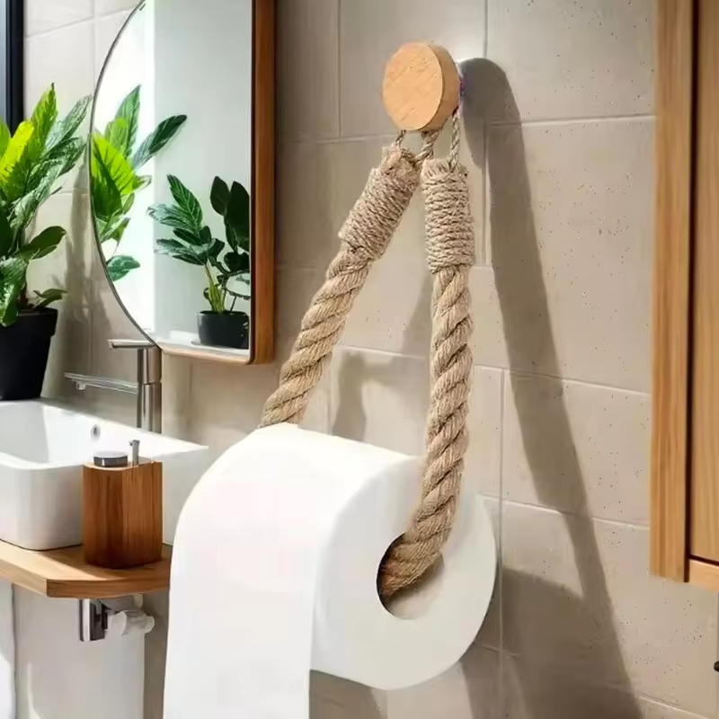 Suporte de papel higiênico de corda de madeira trançada, ideal para pendurar e guardar lenços