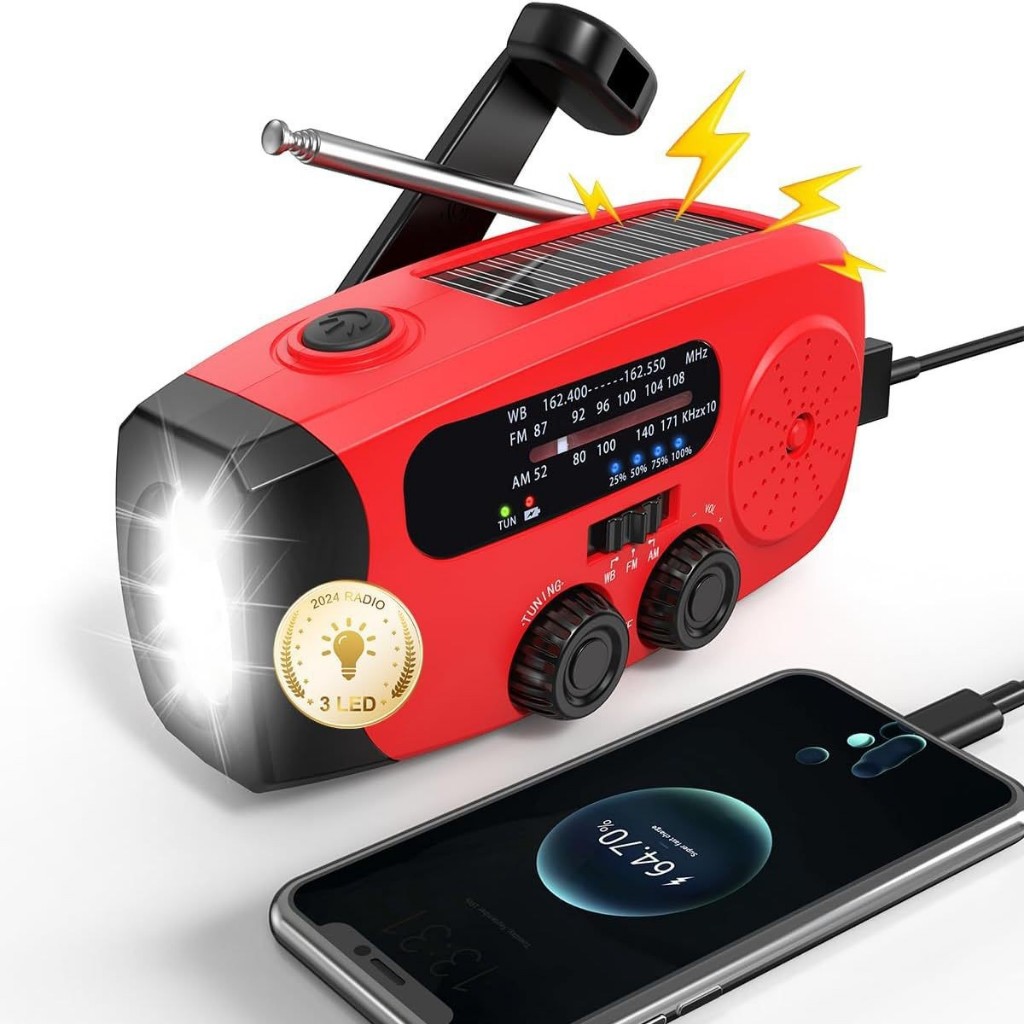 Rádio de manivela de emergência com lanterna de LED para emergência,Power Bank de 2000mAh carregamento por USB