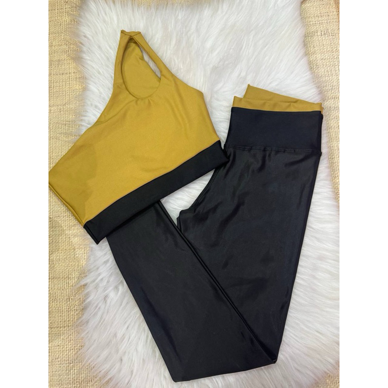 Conjunto Bicolor Feminino Fitness – Top Assimétrico + Legging preta – Alta Compressão para Academia