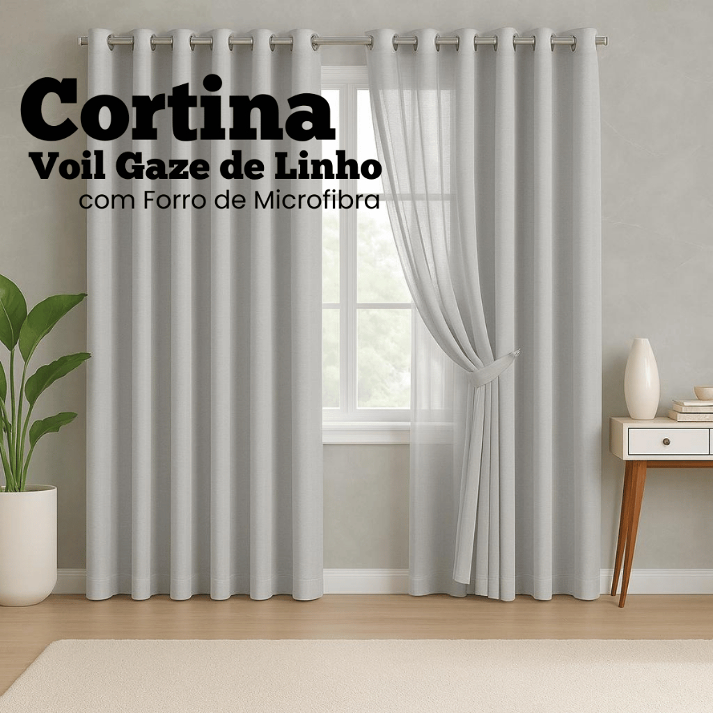 Cortina Voil Gaze de Linho 6,00 x 2,40/2,50/2,60/2,80 c/ Forro de Microfibra