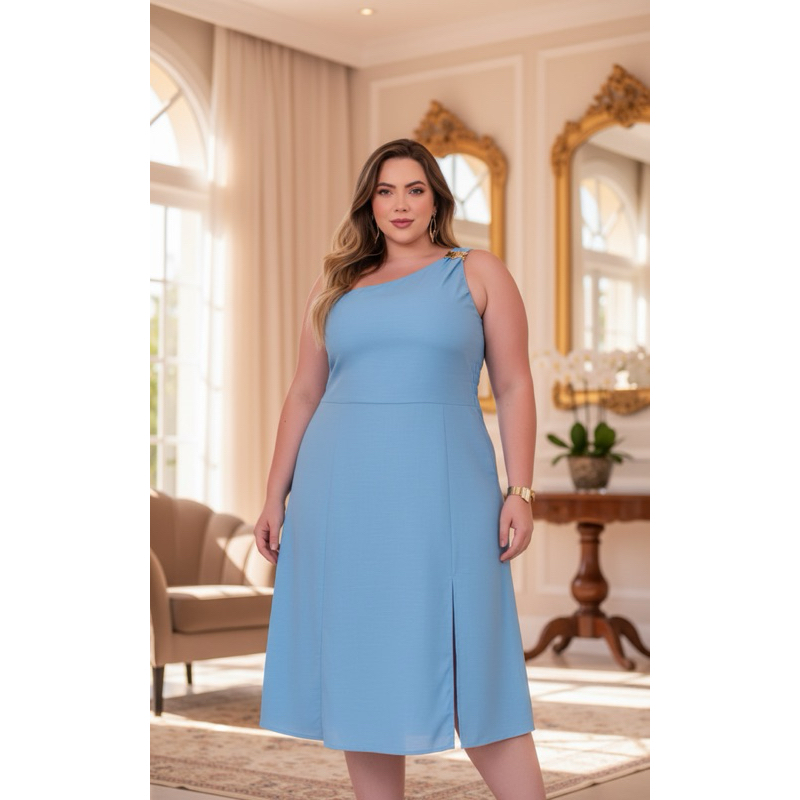 Vestido Midi Plus Size Um Ombro Só Detalhe Dourado no Ombro Fenda Frontal e Costas com Elástico em Oferta na Shopee
