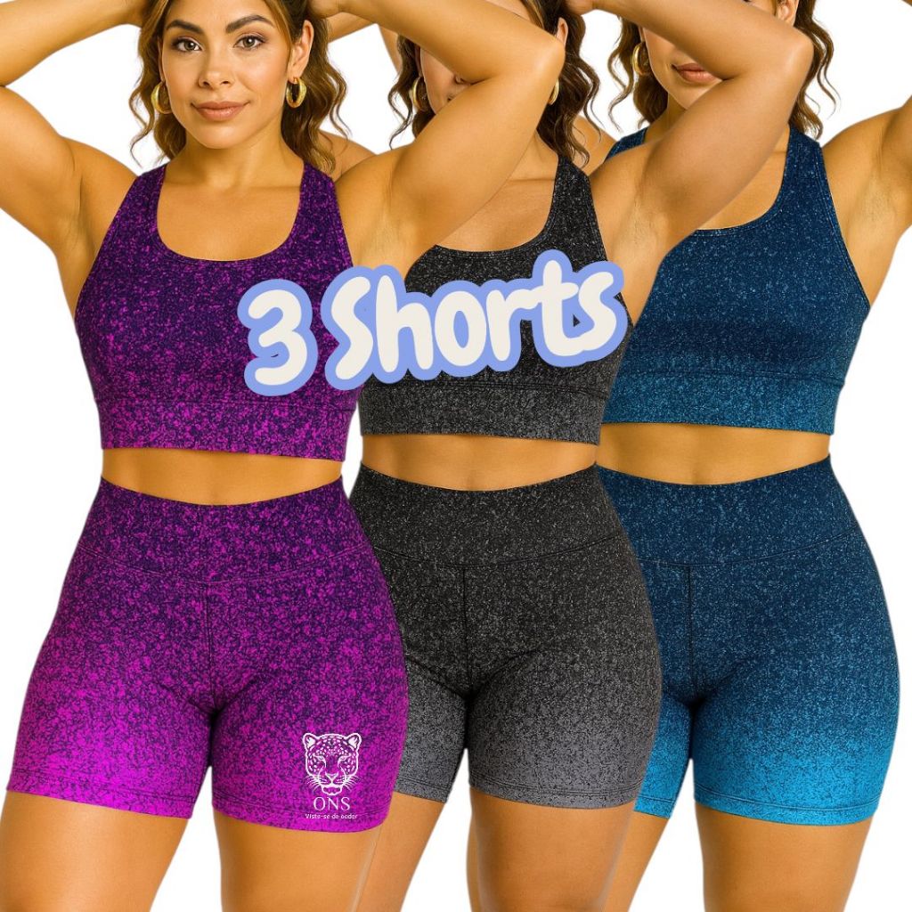 Kit 3 Shorts Feminino Degradê Cintura Alta Zero Transparência Moda Feminina Roupa Academia