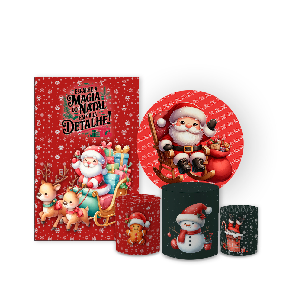 Kit Casadinho Festa + Trio Capa Cilindro Tema Estampado Em Tecido Feliz Natal Papai Noel