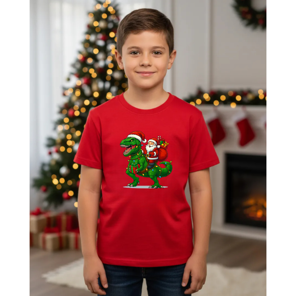 Camiseta Camisa Infantil 100% Algodão Papai Noel Dinossauro Rex Básica Unissex Lançamento Envio Rápido