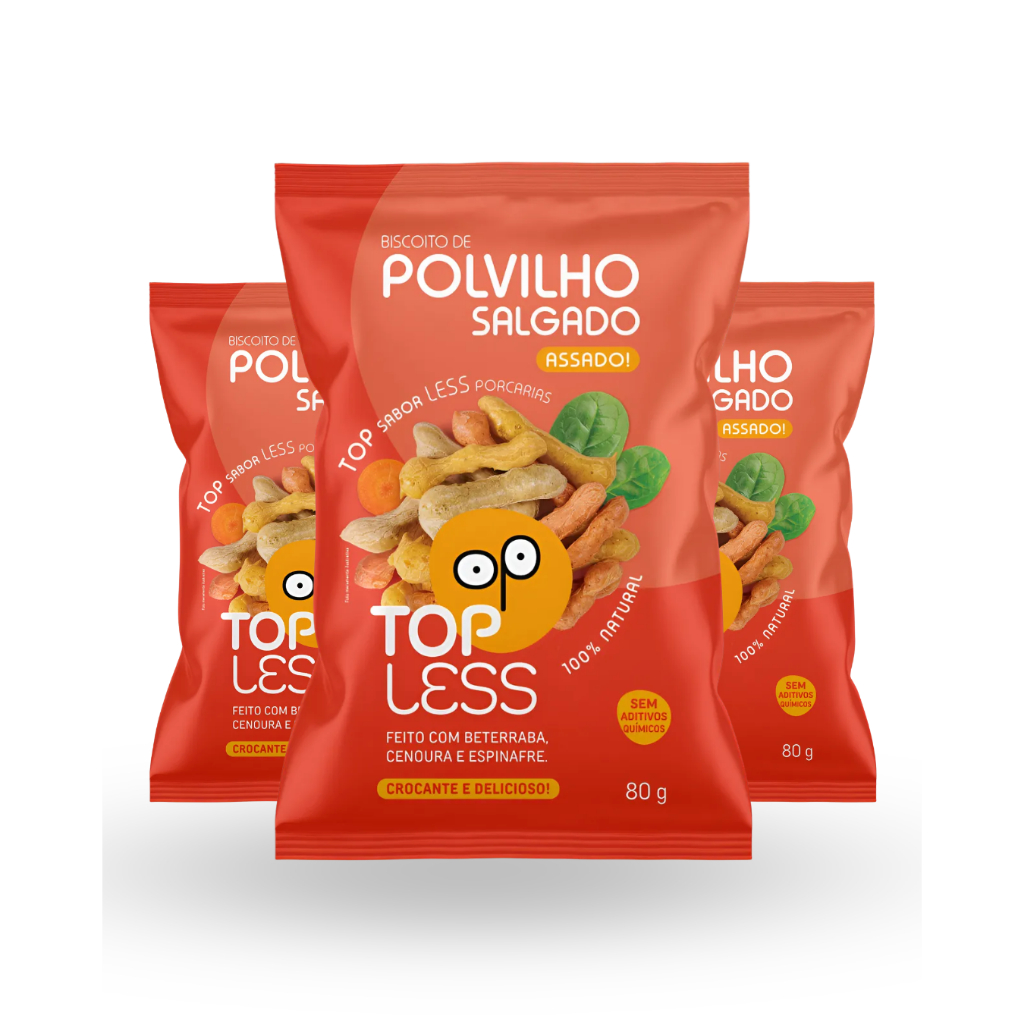 Kit 3 Biscoito de Polvilho Vegano Top Less 🥕 Beterraba Cenoura Espinafre