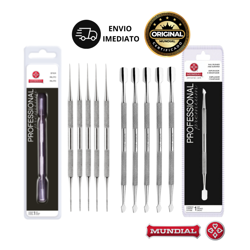 Kit Palito 375m + Empurrador Espátula 371m Inox de Cutícula Professional Mundial Personal Care Nail