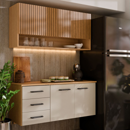 Armário de Cozinha Eliza MDP/MDF Balcão 3 Gavetas Telescópicas Aéreo Ripado 3D