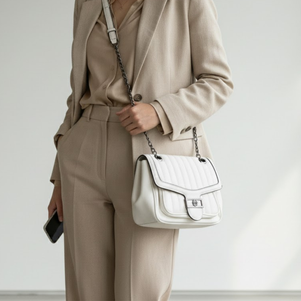 BOLSA FEMININA BRANCA ACOLCHOADA Matelassê de Ombro e Transversal com Alça de Corrente Chique e Elegante