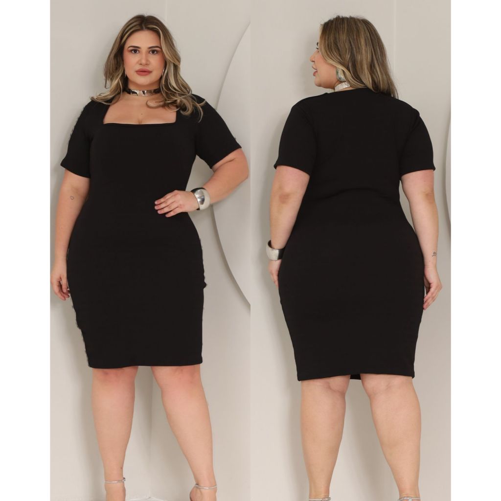Vestido Feminino Plus Size Tubinho Curto/Médio  Decote Quadrado Manga Curta Canelado GG G1 G2 G3