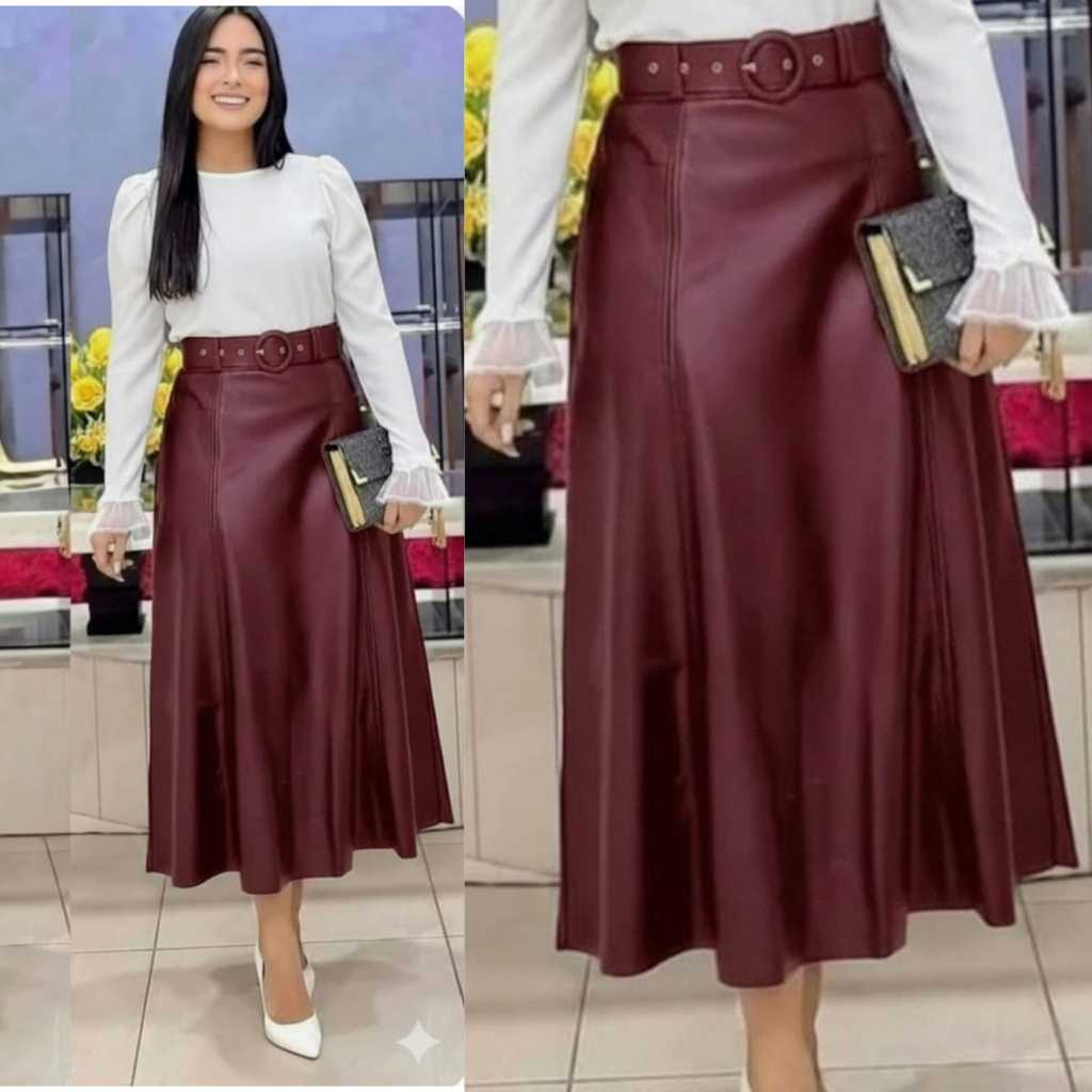 Saia Longa Godê Couro Ecológico com Passador – Moda Evangélica Moderna em Oferta na Shopee