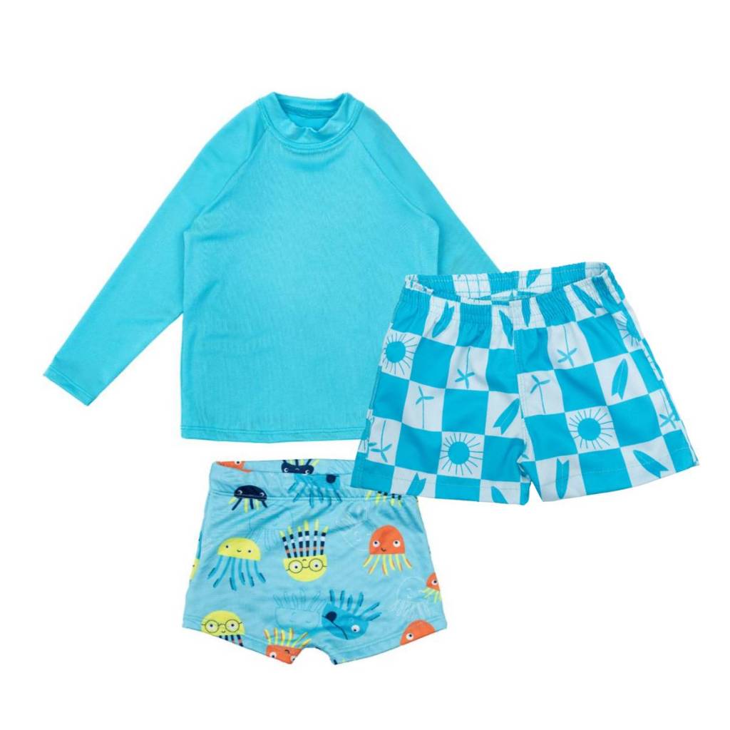 Kit Blusa com Proteção Solar + Sunga Boxer + Bermuda Tactel Praia Infantil Menino