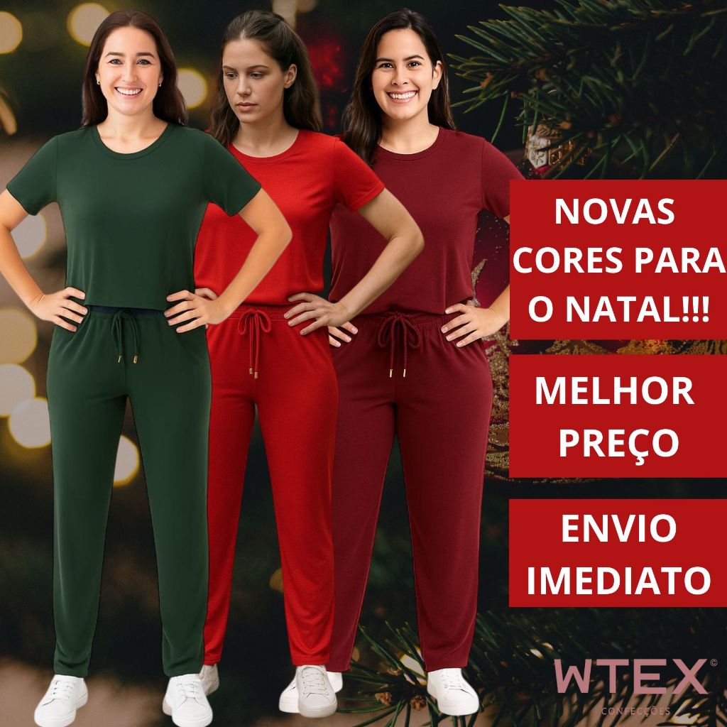 Conjunto Feminino VISCOLYCRA Malha Comfy Blusa Camiseta Manga Curta e Calça Pantalona Cintura Alta