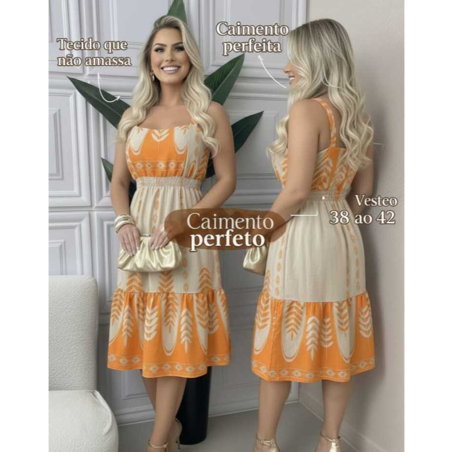 Vestido Mid Curto Feminino Estampado Alças Largas Confortavel e Elegante  Tecido Leve