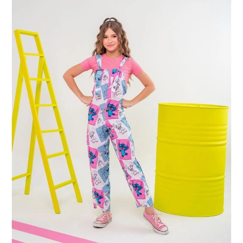 Macacão Longo Com Blusa Infantil Menina Elegante Estampado Stitch Tam: 2 - Envio Imediato.