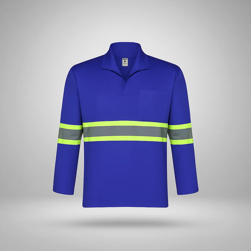 Camisa de Brim Profissional Manga Longa Comprida Azul Com Faixa Refletiva Uniforme Eqpro