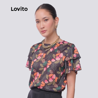 Lovito Bossa | Blusa Feminina Manga Curta Estampa Tropical Elegante BLB488BRL518 em Oferta na Shopee