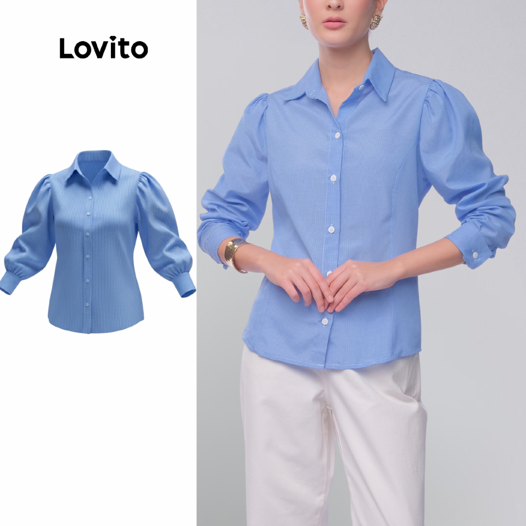 Lovito Blusa Feminina Estilo Camisa em Tecido Listrado Manga Princesa BLB728BRL758 em Oferta na Shopee
