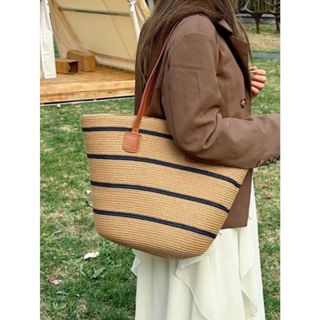 Bolsa em Palha Grande com Listras e Alças em Couro PU – Elegância & Praticidade para o Dia a Dia em Oferta na Shopee