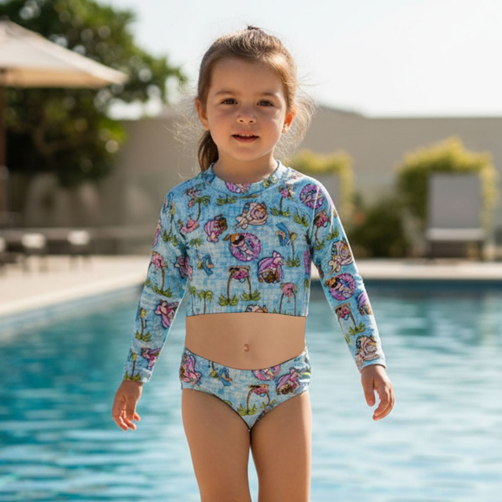Biquíni Infantil Proteção UV 50+ Quimby Cropped Manga Longa Menina Brincadeiras na Piscina Azul Feminino Praia Piscina
