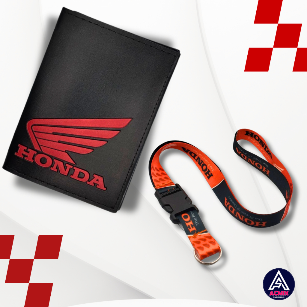 Kit Carteira Porta Documentos Moto Honda Logo Vermelho + Cordão Pescoço Engate Rápido Honda Vermelho e Preto