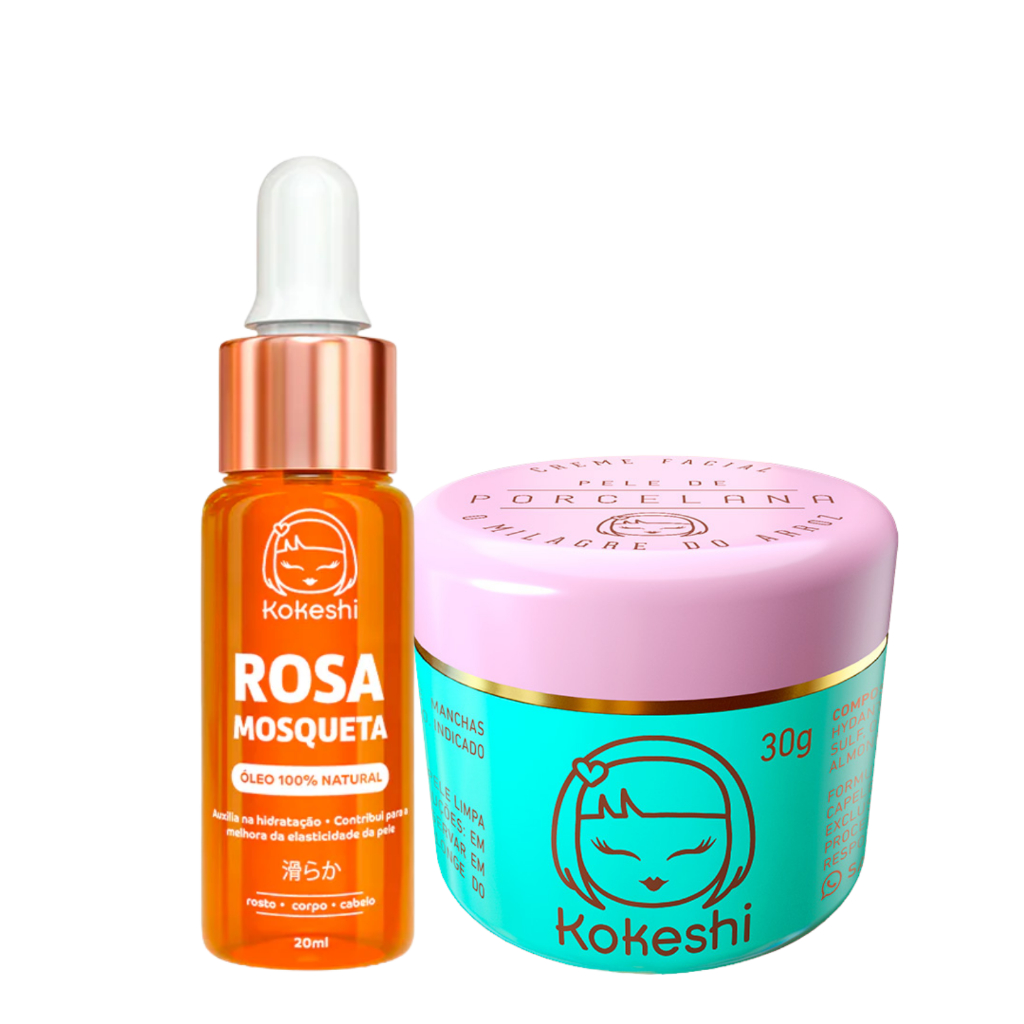 Kit Creme Pele de Porcelana + Óleo de Rosa Mosqueta Puro Kokeshi em Oferta na Shopee
