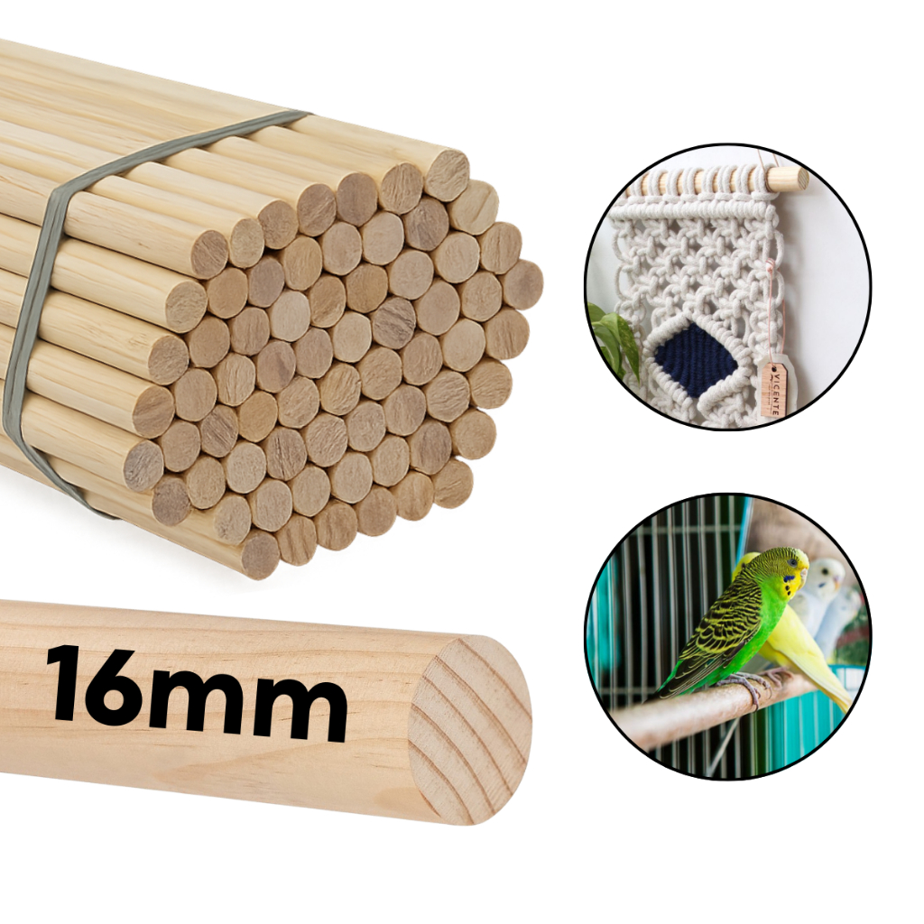 Kit 15 Cabo de Madeira Pinus 16mm para Aves Bastão Vareta Artesanatos Banner Gaiola Calopsita