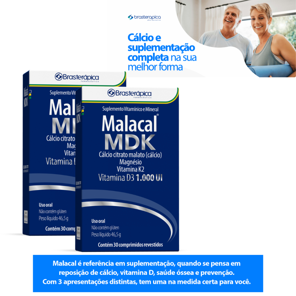 CALCIO, MAGNÉSIO, VITAMINA D e K2 60 COMPRIMIDOS MDK MALACAL