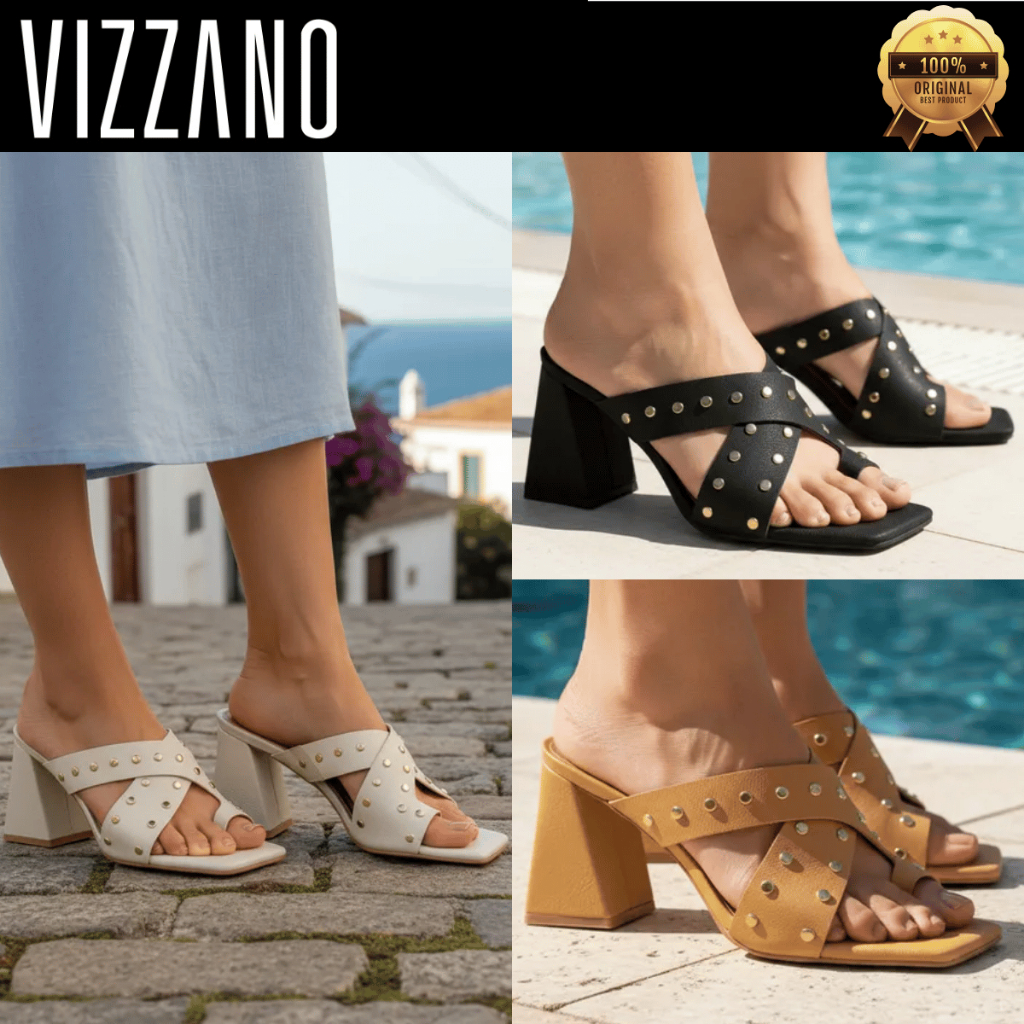 Sandália Vizzano Feminina Tamanco Salto Médio Casual Elegante Tachas Geométricas Napa Slide Original