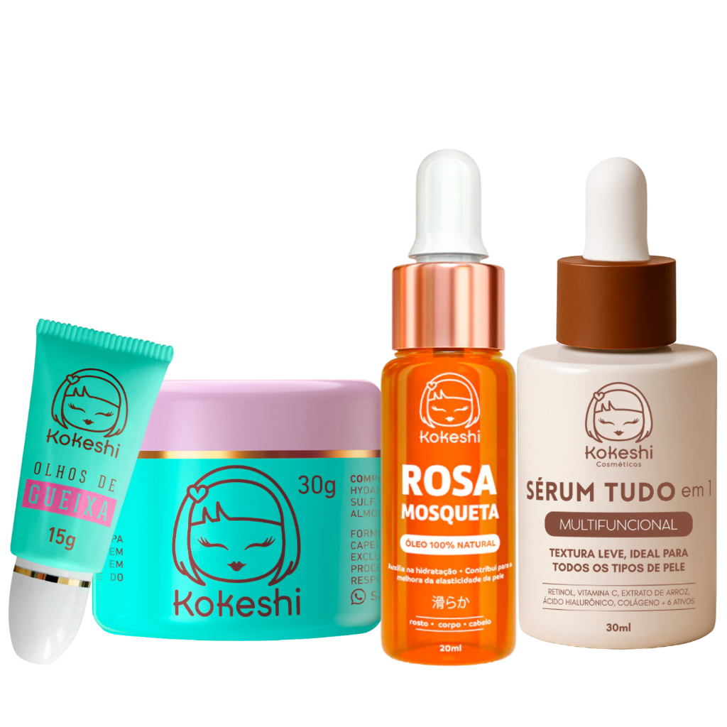 Kit Essencial Kokeshi Sérum Tudo em 1 Creme Pele de Porcelana Olhos de Gueixa Óleo de Rosa Mosqueta em Oferta na Shopee
