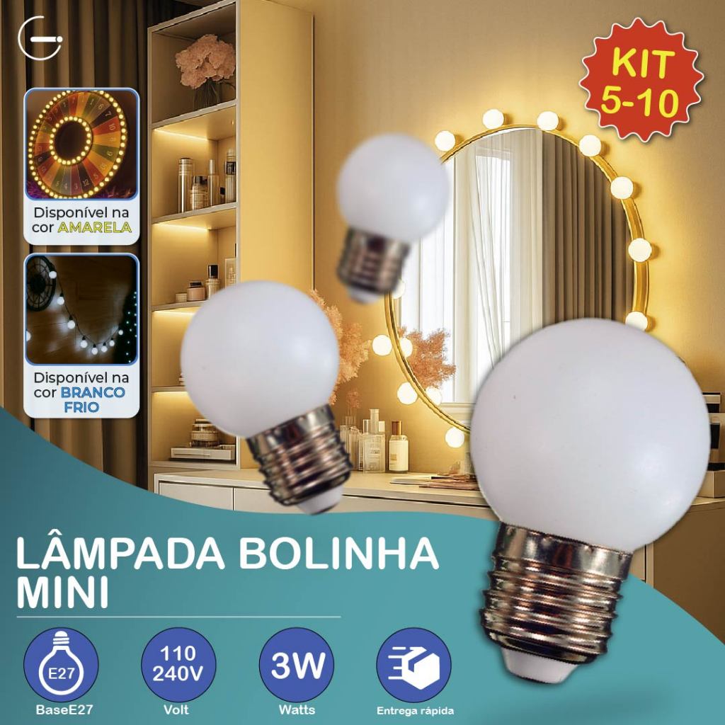 Kit 10 Lâmpadas Led Mini Bulbo Bolinha Luz Fria ou Quente 3W E27 110V-220V Bivolt