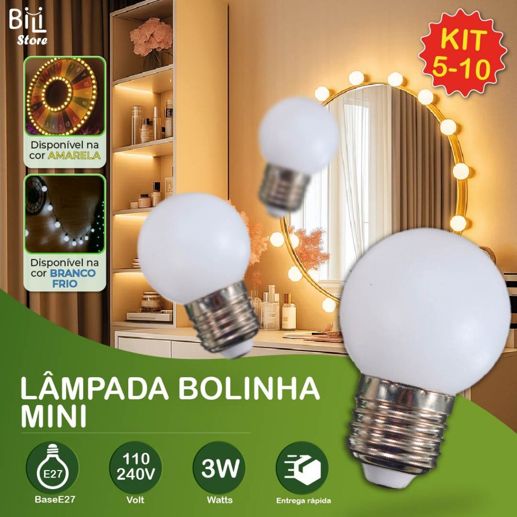 Kit 5/10 Lâmpadas Led Mini Bulbo Bolinha Luz Fria ou Quente 3W E27 110V-220V Bivolt