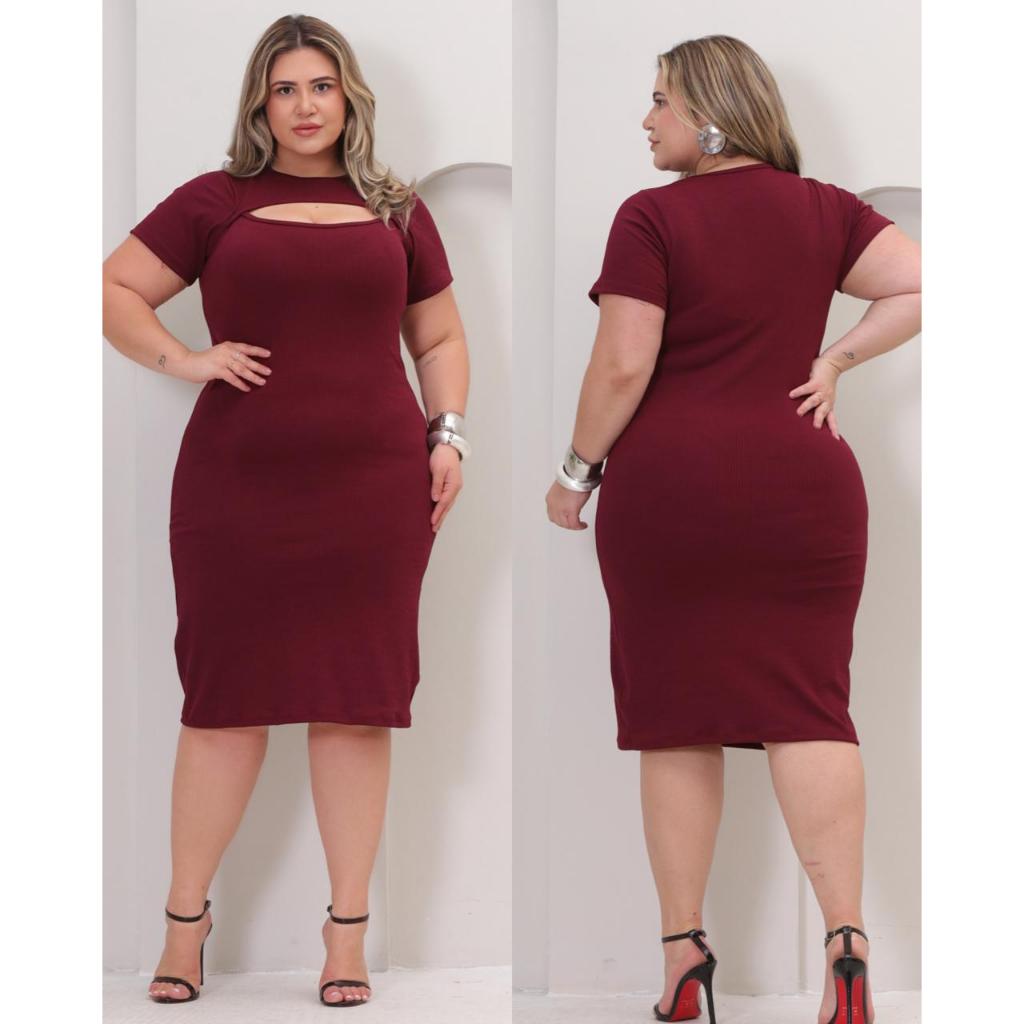 Vestido  Midi  Plus Size  Casual Decote Frontal Manga Curta Canelado GG G1 e G2