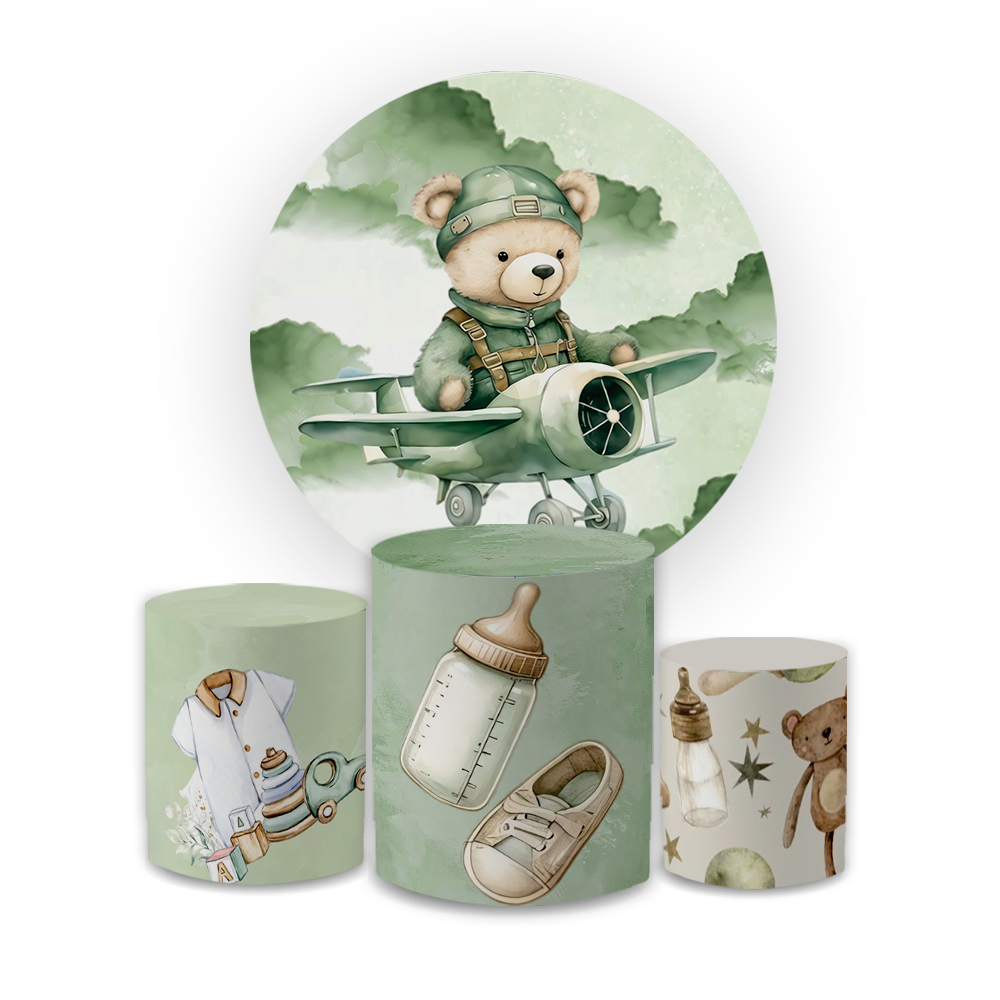 Kit Capa Painel Redondo + Trio Cilindro Decoração Ursinho Baby Verde Aviador Festa Aniversário Veste Fácil em Oferta na Shopee