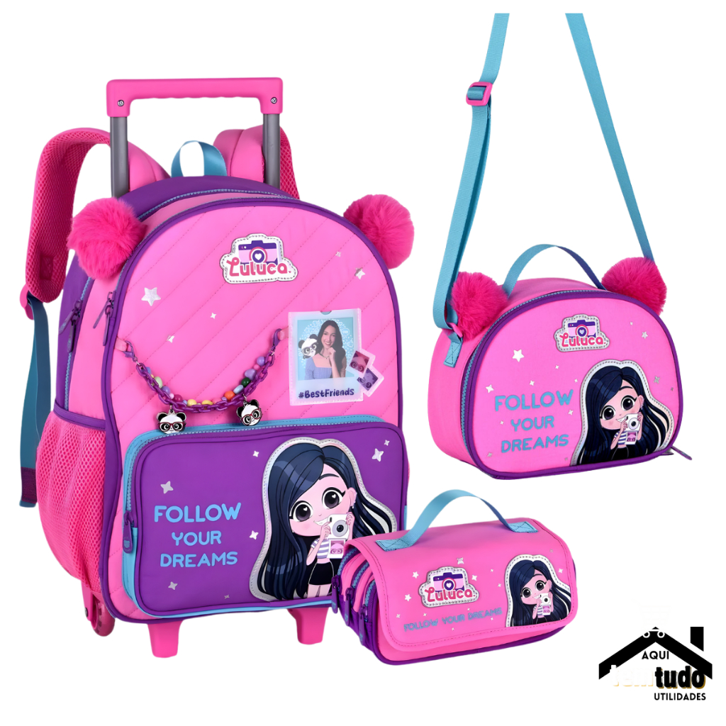 Kit Mochila de Rodinha Luluca Lancheira Estojo Infantil MÉDIA Pandinha Youtuber Pompom