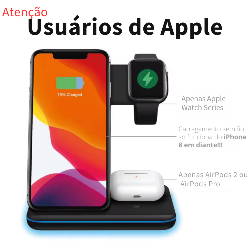 Carregador Indução Dock 20W 4 Em1 Compatível iPhone AirPods e Appel Watch serie 1 Ate serie 7