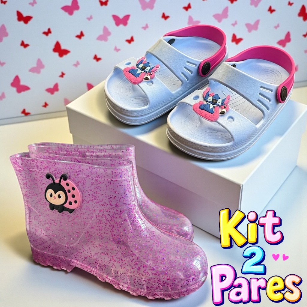 Kit 2 Pares Galocha Sandália Papete Infantil Menina Confortável Leve Personagem Promoção Dia a Dia