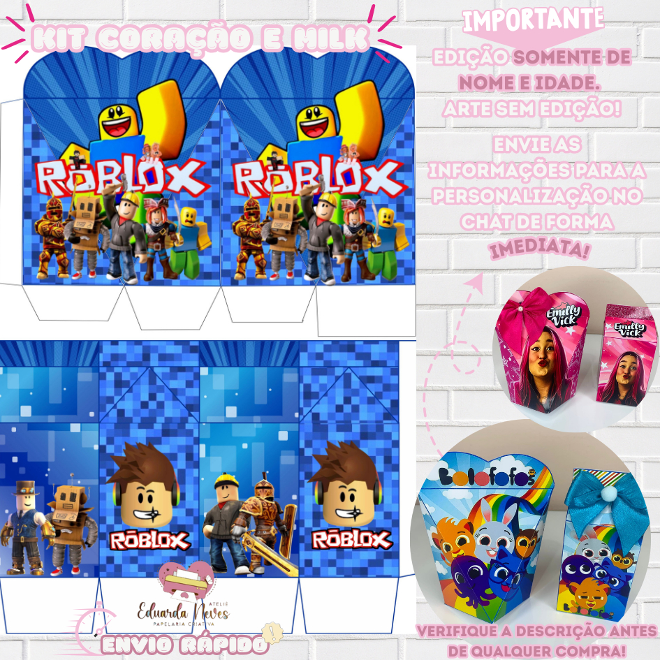 KIT CAIXA MILK E/OU CORAÇÃO LEMBRANCINHAS (COM/SEM NOME) TEMA: ROBLOX - Envio rápido! em Oferta na Shopee