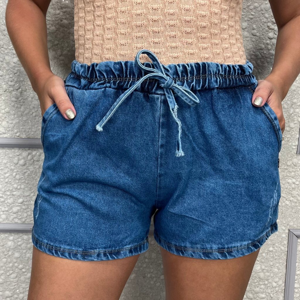 Shorts Jeans Feminino Marmorizado 100% Algodão Cós Elastico em Oferta na Shopee