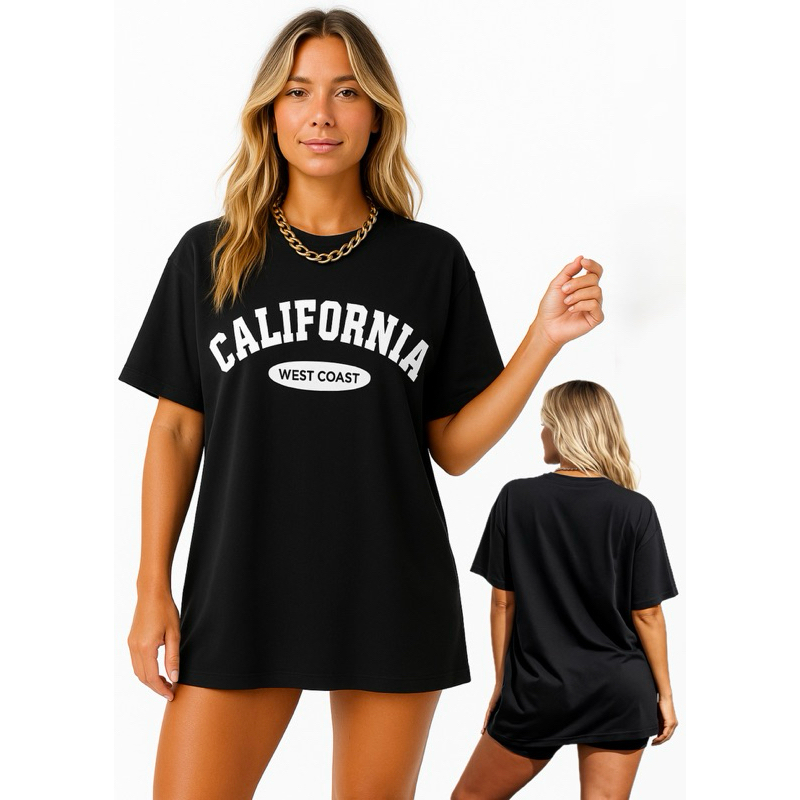 Camiseta feminina Oversized Estampada Academia 100% Algodão Penteado CALIFÓRNIA