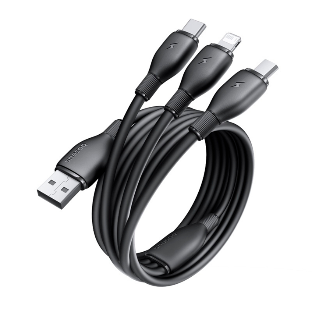 Imagem Cabo Baseus Ultra-Fast 3 em 1 USB-A p/ Micro + Lightning + USB-C 3.5A 1.3m Carregamento Rápido