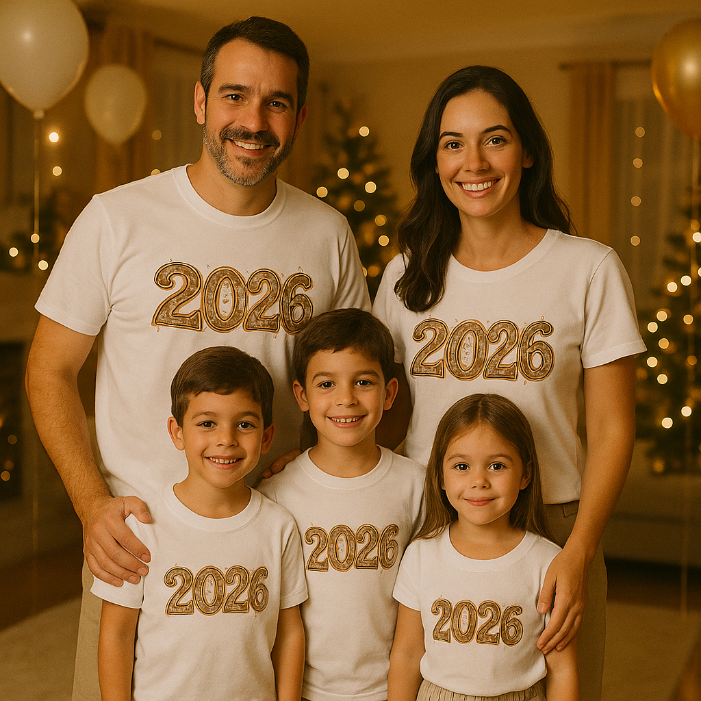 Camiseta Reveillon Família 2026 Ano Novo Algodão Presentes Amigo Secreto Infantil New Year T-Shirts