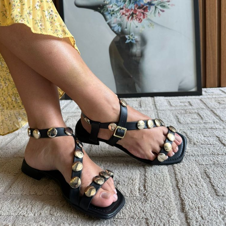 Sandália Rasteirinha Feminina Boho Esfera Metalizada Tiras Cruzadas Confortável Tendencia Moda Verão